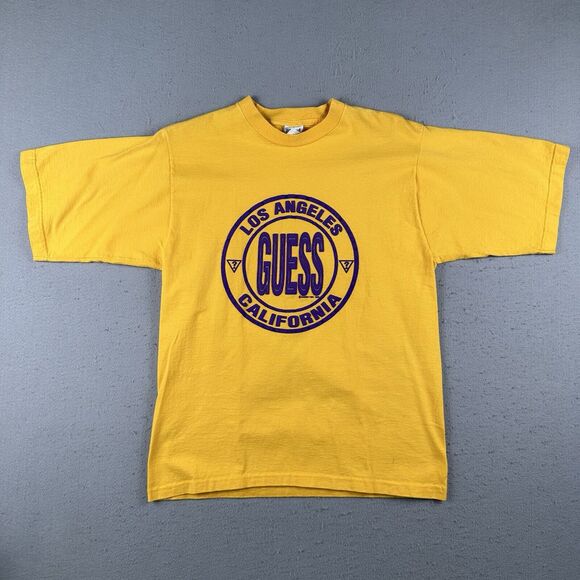 Vintage 1993 Guess Shirt Men’s Medium Yellow Los Angeles California Short Sleeve - Picture 1 of 16